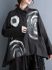 Asymmetric Printed Split-Joint Long Sleeves Loose Lapel Blouses