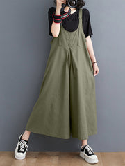 Buttoned Solid Color Ninth Pants Wide Leg Spaghetti-Neck Overalls