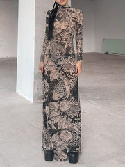 Printed See-Through Split-Joint Long Sleeves Skinny High Neck Maxi Dresses Evening Dresses