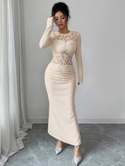 Hollow Lacy Pleated Solid Color Split-Back Split-Joint Zipper Bodycon Long Sleeves Round-Neck Maxi Dresses