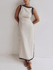 Contrast Color Split-Back Loose Sleeveless Round-Neck Maxi Dresses