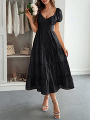 Backless Pleated Solid Color Tied A-Line Loose V-Neck Midi Dresses