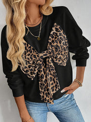 Bowknot Leopard Long Sleeves Loose Round-Neck Sweatshirt Tops