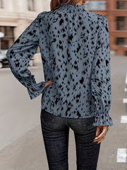 Elasticity Pleated Printed Flared Sleeves Long Sleeves Mock Neck Blouses&Shirts Tops