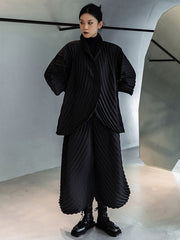 Urban Solid Color Pleated Outerwear&Pants Two Pieces Set