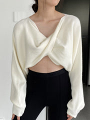 Knot Solid Color Batwing Sleeves Long Sleeves V-Neck Sweater Tops Pullovers