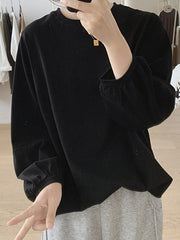 Pleated Solid Color Long Sleeves Loose Round-Neck T-Shirts Tops