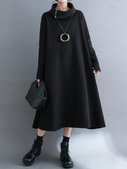 Asymmetric Solid Color Zipper A-Line Long Sleeves High Neck Midi Dresses