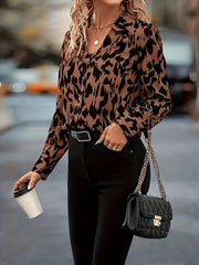 Buttoned Contrast Color Printed Long Sleeves Loose Lapel Blouses&Shirts Tops