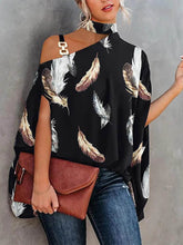 Asymmetric Chains Leaves Print Batwing Sleeves Loose Asymmetric Collar T-Shirts Tops
