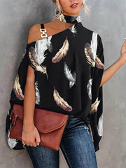 Asymmetric Chains Leaves Print Batwing Sleeves Loose Asymmetric Collar T-Shirts Tops