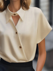 Buttoned Solid Color Short Sleeves Lapel Blouses&Shirts Tops
