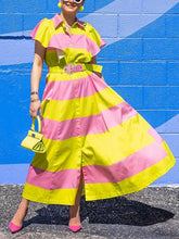 Belted Buttoned Contrast Color Pleated Pockets High Waisted Loose Lapel Shirt Dress Maxi Dresses