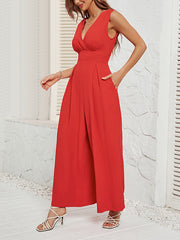 Pleated Solid Color Split-Joint Loose Sleeveless V-neck Jumpsuits
