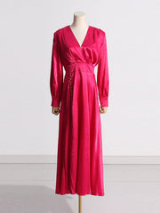 Buttoned Split-Side Zipper High Waisted Long Sleeves Deep V-Neck Maxi Dresses