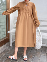 Elasticity Pleated Solid Color A-line Long Sleeves Round-neck Midi Dresses