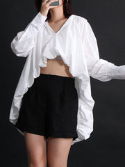 Solid Color High-Low Puff Sleeves V-Neck Blouses&Shirts Tops