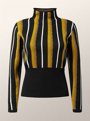 Contrast Color Split-Joint Striped Long Sleeves Skinny High Neck T-Shirts Tops
