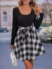 Plaid Split-Joint Tied Waist A-Line False Two U-Neck Mini Dresses