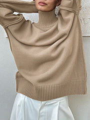 Solid Color Split-Joint Long Sleeves Loose High Neck Sweater Tops Pullovers