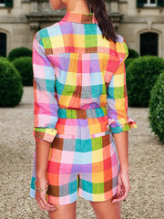 Long Sleeves Loose Rainbow Plaid Split-Joint Lapel Blouses&Shirts Tops