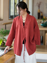 Vintage Long Sleeves Loose Buttoned Tied Solid Color V-Neck Outerwear