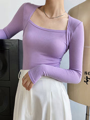 Solid Color Long Sleeves Skinny Square-neck T-Shirts Tops