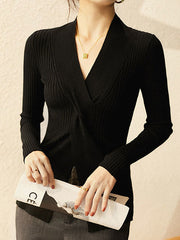 Urban Skinny Cross Twist Solid Color V-Neck Sweater Tops