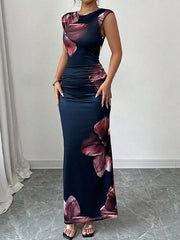 Contrast Color Flower Print Bodycon Sleeveless Round-Neck Maxi Dresses