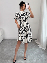 Abstract Printed Contrast Color Ruffled Split-Joint A-Line Bodycon Midi Dresses