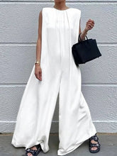 Solid Color Loose Sleeveless Round-Neck Wide Leg Jumpsuits