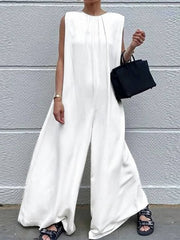 Solid Color Loose Sleeveless Round-Neck Wide Leg Jumpsuits