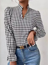 Elasticity Houndstooth Split-Joint Long Sleeves Loose V-Neck Blouses&Shirts Tops