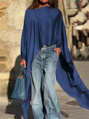 Solid Color Split-Joint Batwing Sleeves High-low Round-neck Blouses&shirts Tops