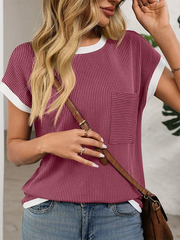 Colorful Contrast Color Pockets Loose Short Sleeves Round-neck T-Shirts Tops