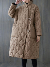 Vintage Artistic Retro Solid Color Buttoned Stand Collar Long Sleeves Padded Coat