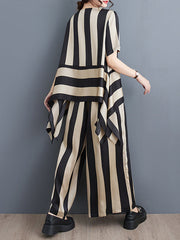Striped Irregular clipping Loose Round-neck Two Pieces Set