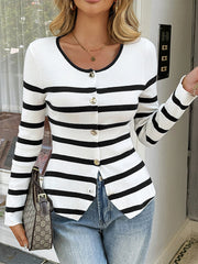 Buttoned Contrast Color Split-Joint Striped Long Sleeves Skinny Round-neck Outerwear Cardigan Tops