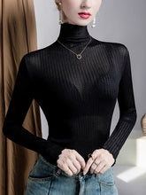 Mesh See-Through Slightly Sheer Split-Joint Long Sleeves Plus Size High Neck T-Shirts