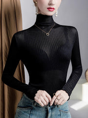 Mesh See-Through Slightly Sheer Split-Joint Long Sleeves Plus Size High Neck T-Shirts