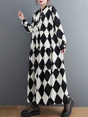 Buttoned Plaid A-Line Long Sleeves Polo Midi Dresses
