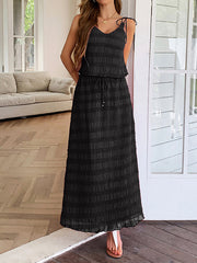 Pleated Loose Sleeveless Solid Color Spaghetti-Neck Vest Top + Drawstring Skirts Bottom Two Pieces Set