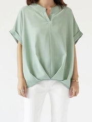 Pleated Solid Color Loose Plus Size V-neck T-Shirts Tops
