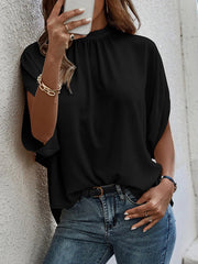 Lace-Up Pleated Solid Color Batwing Sleeves High-Low Stand Collar T-Shirts