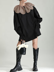 Contrast Color Elasticity Pleated Split-Joint Long Sleeves Loose Peter Pan Collar Blouses