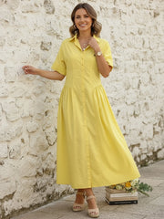 Loose Short Sleeves Buttoned Pleated Solid Color Lapel Collar Midi Dresses Shirt Dress