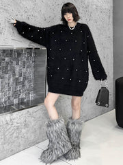 Beads Contrast Color Shiny Split-Joint Long Sleeves Loose Round-Neck Sweater Dresses Mini Dresses