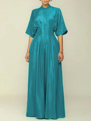 Half Sleeves High Waisted Pleated Solid Color Mock Neck Jumpsuits