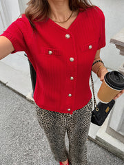 Buttoned Pockets Ribs Solid Color Long Sleeves Collarless Outerwear Cardigan Tops