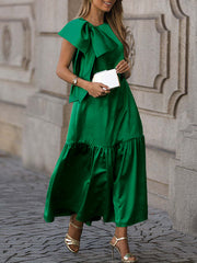 Sleeveless Bowknot Pleated Split-Joint Round-Neck Maxi Dresses